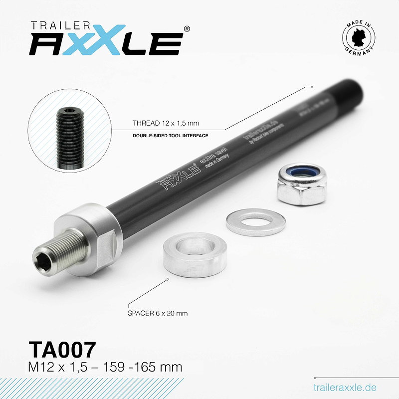 RADOXX Steckachse Trailer AxXle M12x1,5 - 159-165 mm TA007 inkl. Spacer Set für ve
