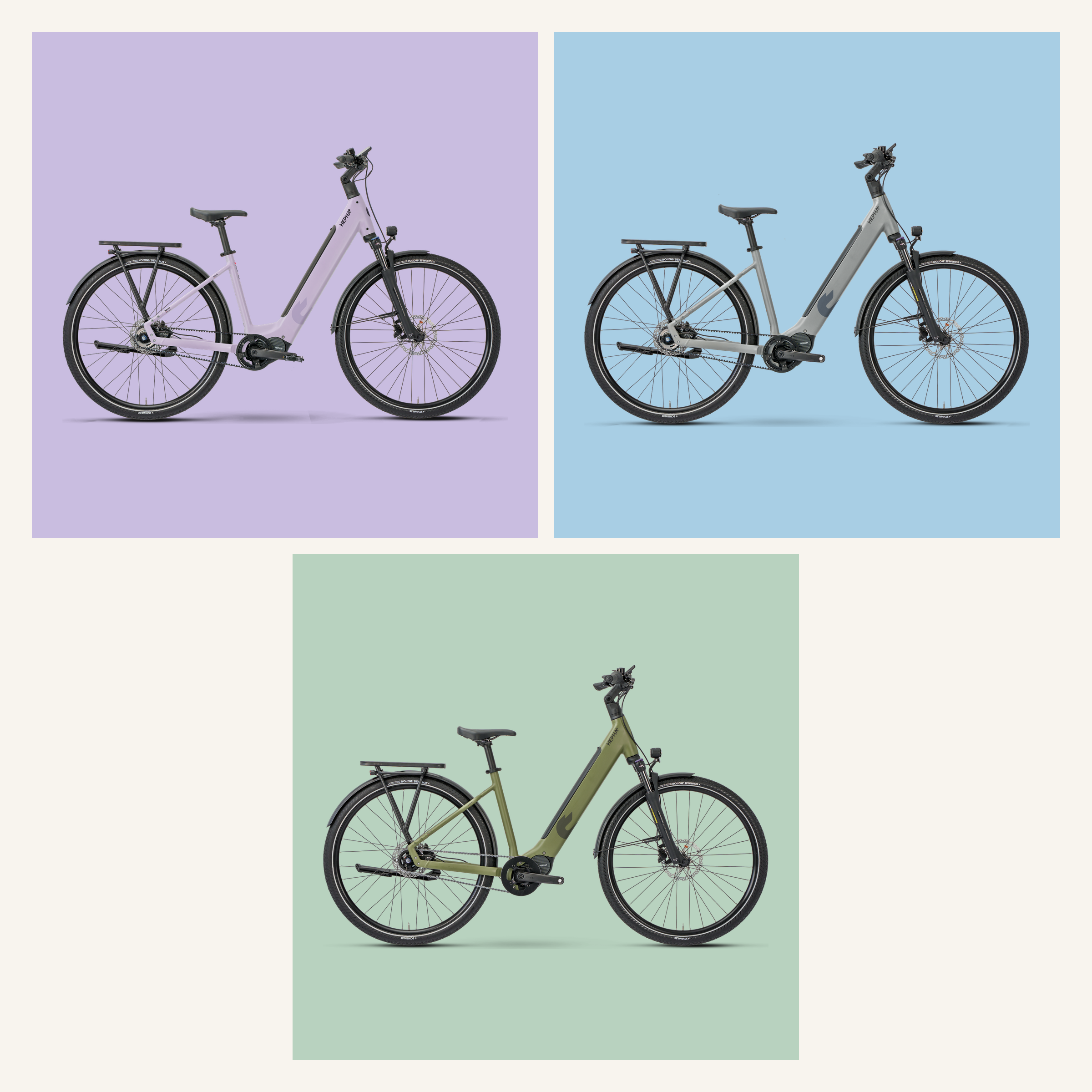 Drei HEPHA City 8 E-Bikes in einer mobilen Editorial-Collage