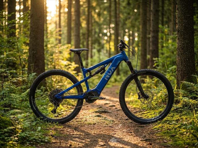 NOX All Mountain 5.9 E-MTB auf Waldtrail (KI-Szene auf Basis des Produktfotos)