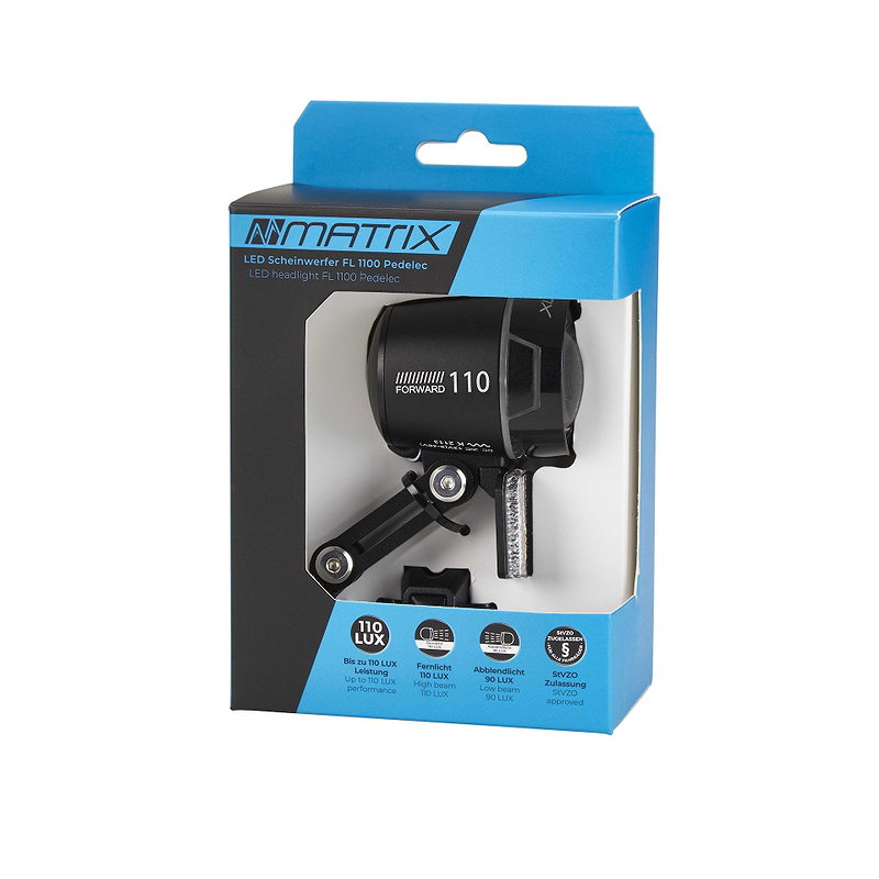 MATRIX E-Bike LED Scheinwerfer 110 LUX FL1100 Abblendlicht/Fernlicht  90/110 Lux  SB-Verpackung