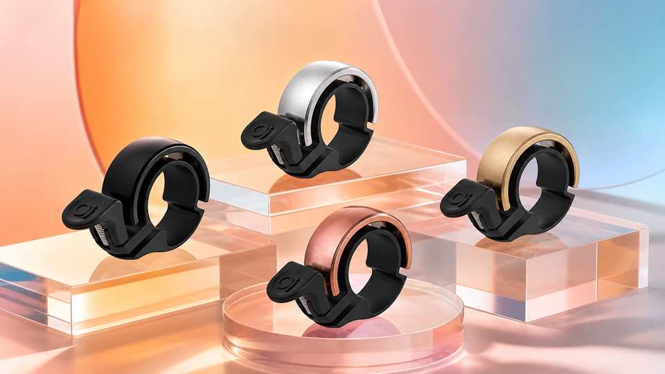 KI-generierte Premium-Produktinszenierung von vier Knog Oi Classic Fahrradklingeln in Schwarz, Silber, Kupfer und Messing vor einem farbigen Studiohintergrund