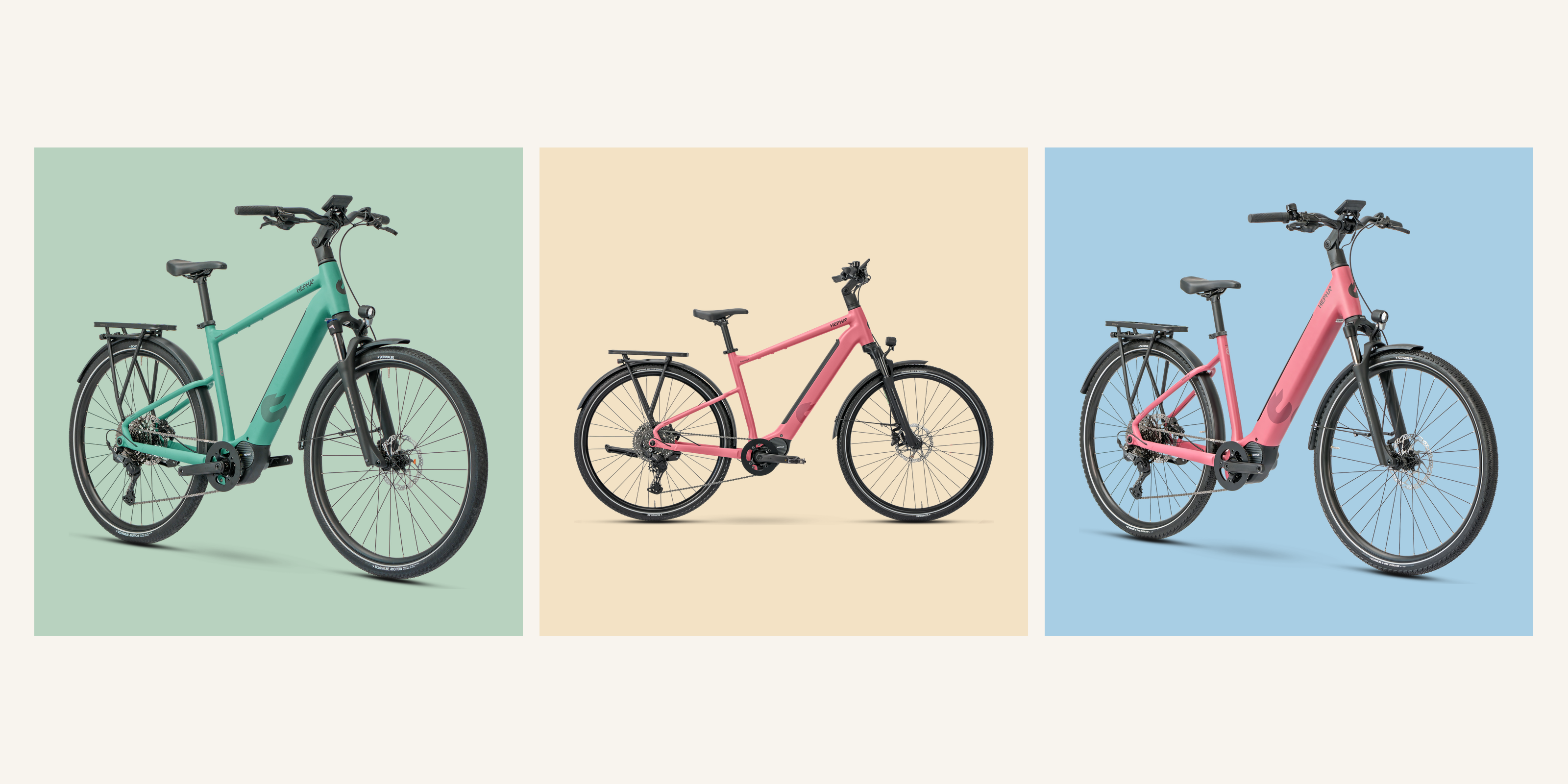 Drei echte HEPHA Trekking 8 E-Bikes aus dem Switchbike Sortiment