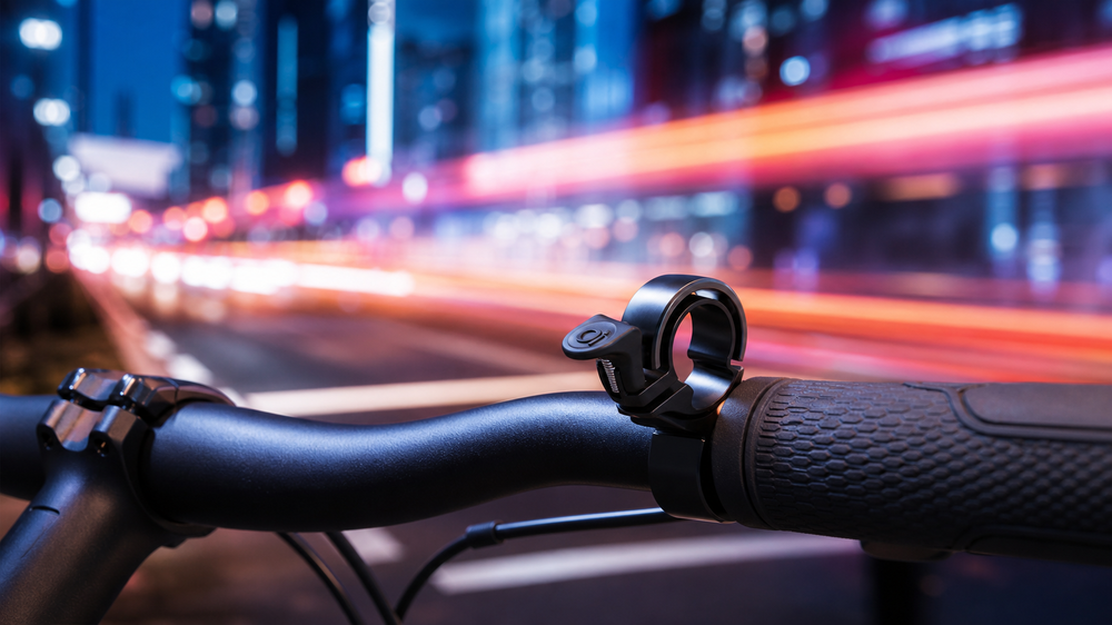 KI-generierte urbane Nachtszene mit schwarzer Knog Oi Fahrradklingel am Lenker und farbigen Lichtspuren