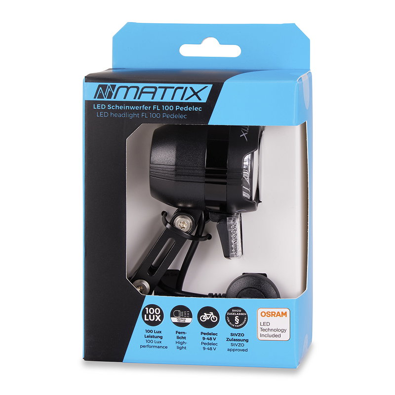 MATRIX E-Bike LED Scheinwerfer Shiny E-Bike 100 LUX FL100 mit Fern-u. Abblendlichtfunktion  100 Lux  SB-Verp