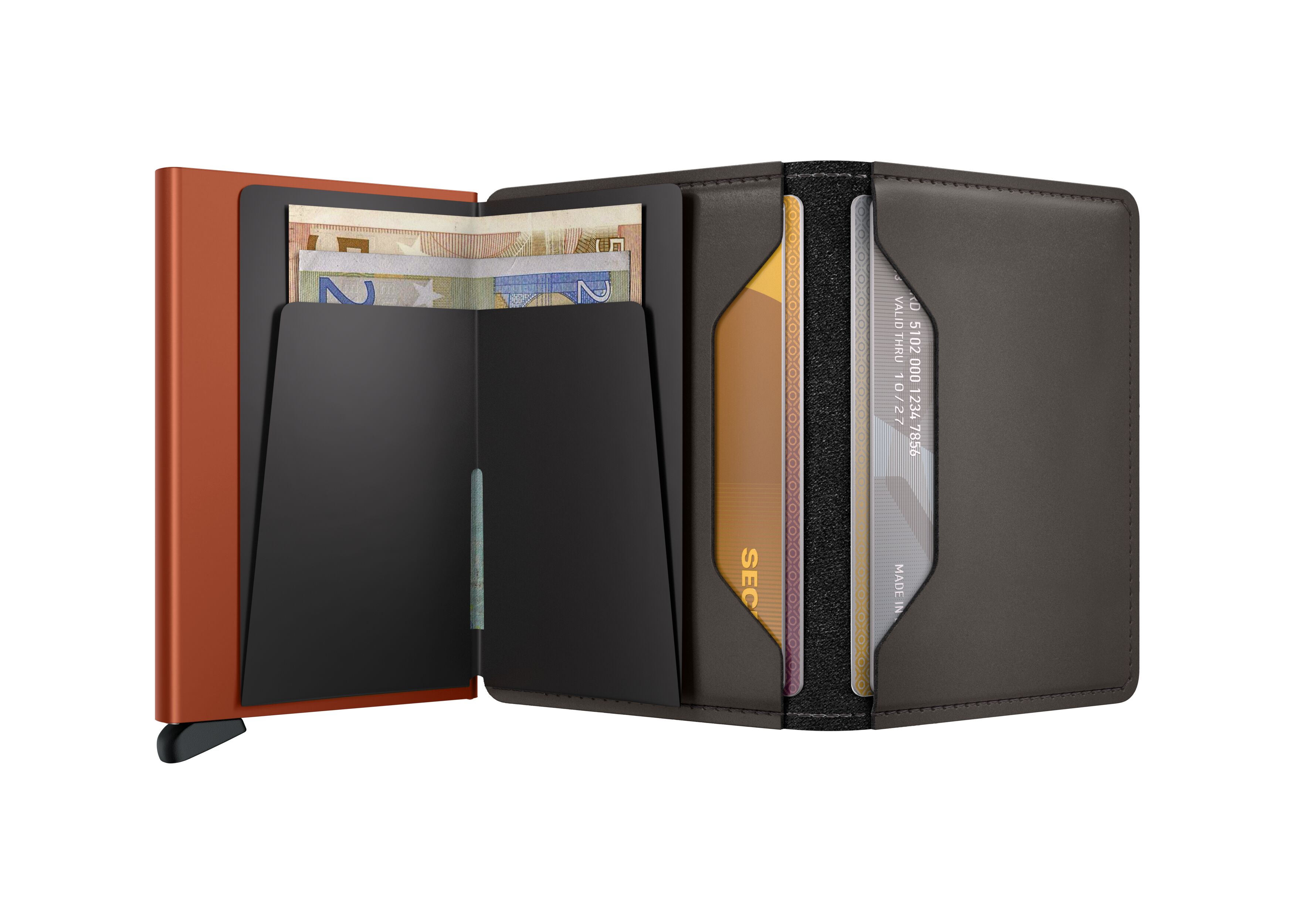 Secrid Slimwallet Matte Truffle & Orange – geöffnet