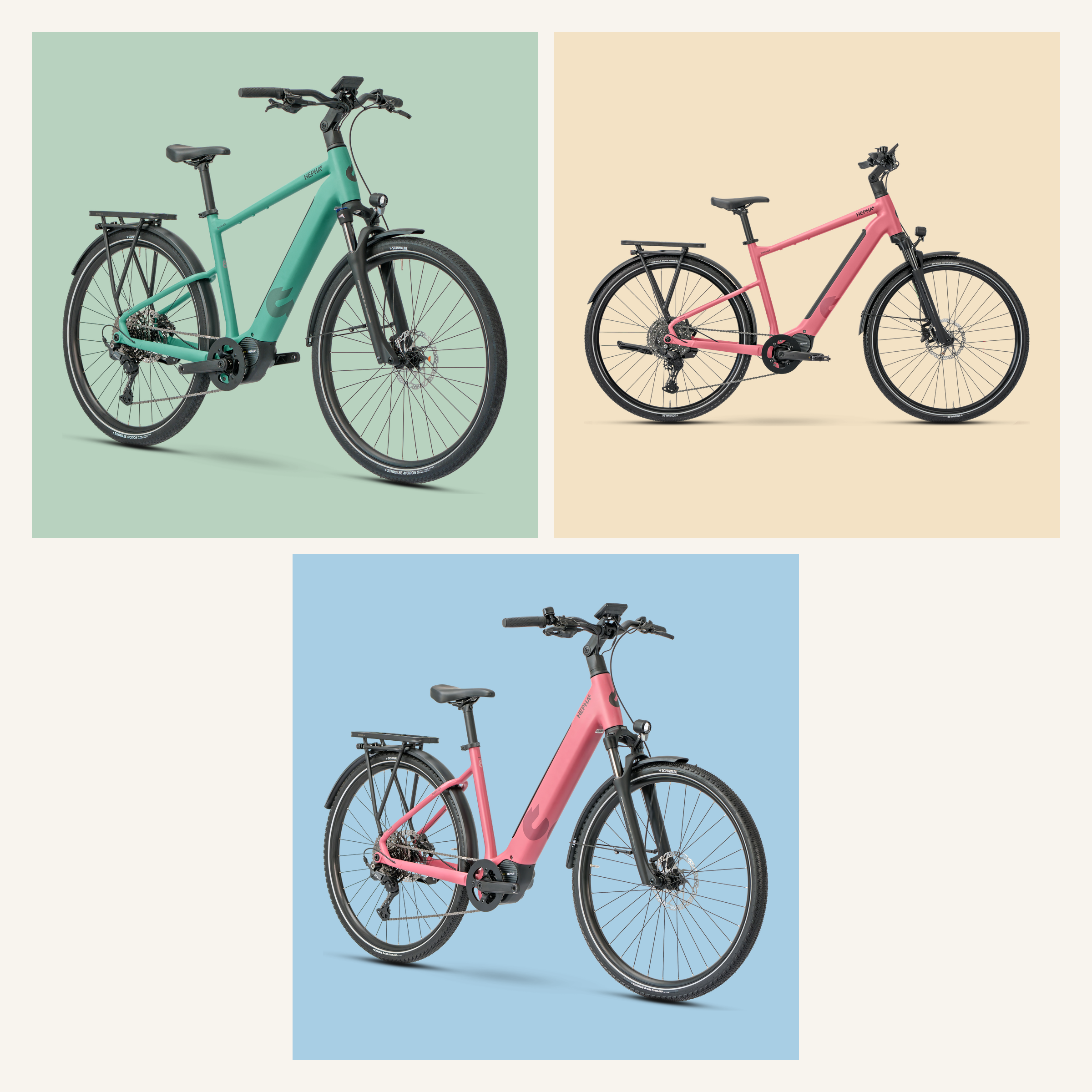 Drei HEPHA Trekking 8 E-Bikes in einer mobilen Editorial-Collage