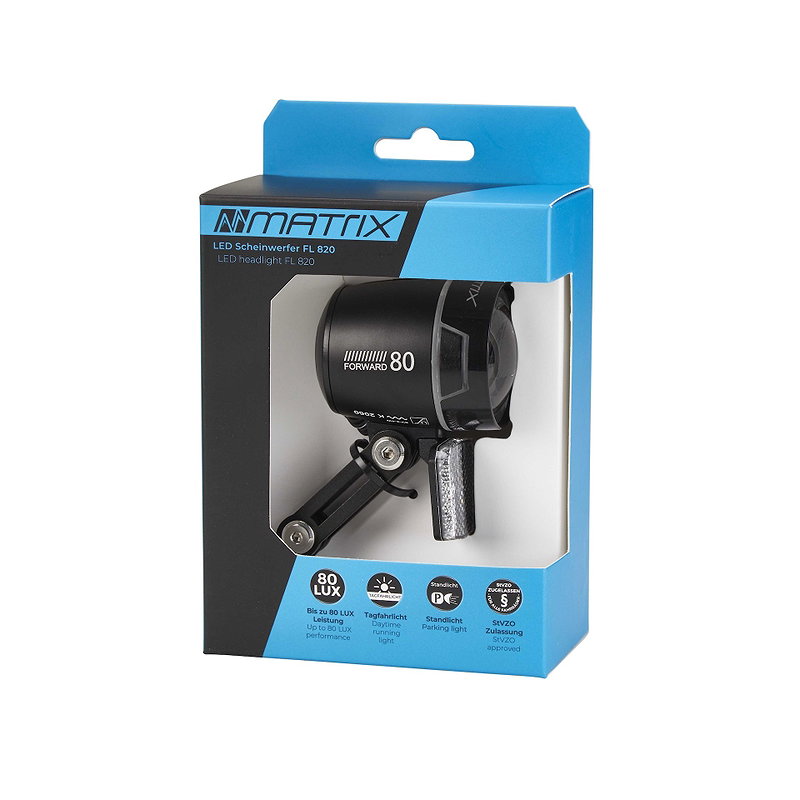 MATRIX Dynamo-LED-Scheinwerfer 80 LUX FL820 Standlicht/Tagfahrlicht/Sensor  80 Lux  SB-Verpack