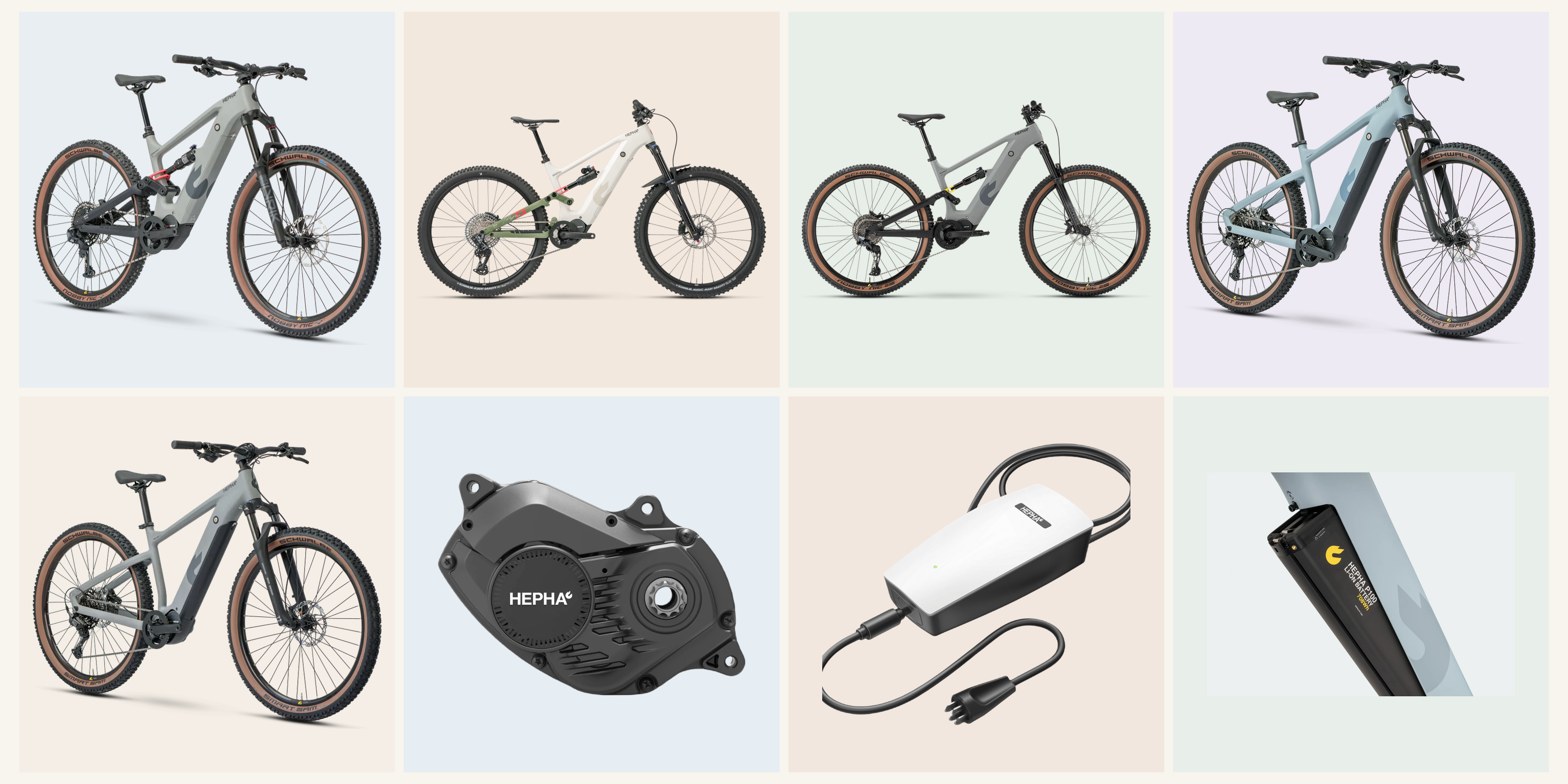 HEPHA Mountain 7 und All Mountain 7 E-Mountainbikes mit HEPHA Motor, Ladegerät und Akkudetail