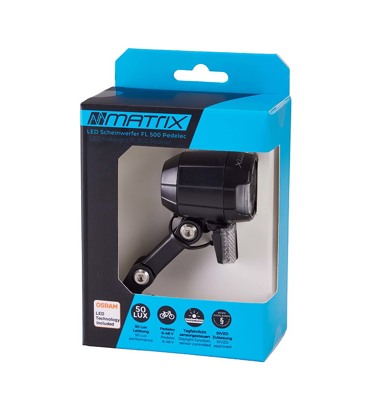 MATRIX E-Bike LED Scheinwerfer Shiny E-Bike 50 LUX FL500 mit Tagfahrlicht  50 Lux  SB-Verpackung
