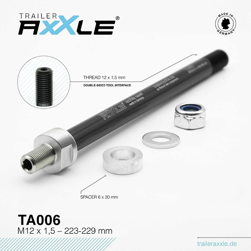 RADOXX Steckachse Trailer AxXle M12x1,5 - 223-229 mm TA006 inkl. Spacer Set für ve