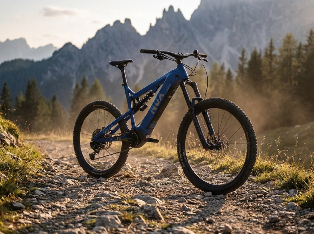 NOX Enduro 7.1 E-MTB auf alpinem Trail (KI-Szene auf Basis des Produktfotos)
